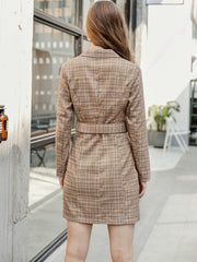 Simplee Double Button Belted Plaid Blazer Dress
