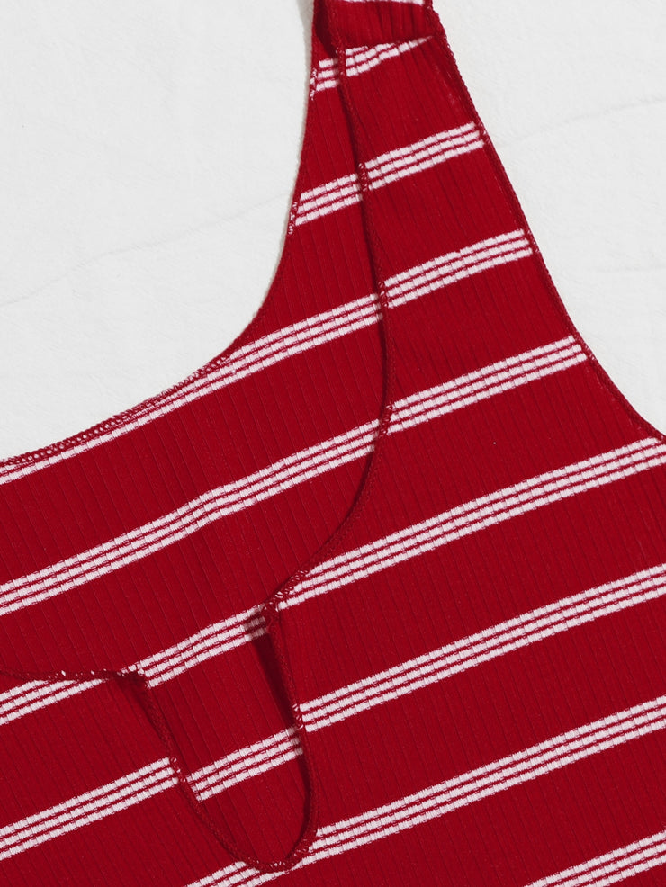 Notched Neck Rib-knit Striped Nightdress