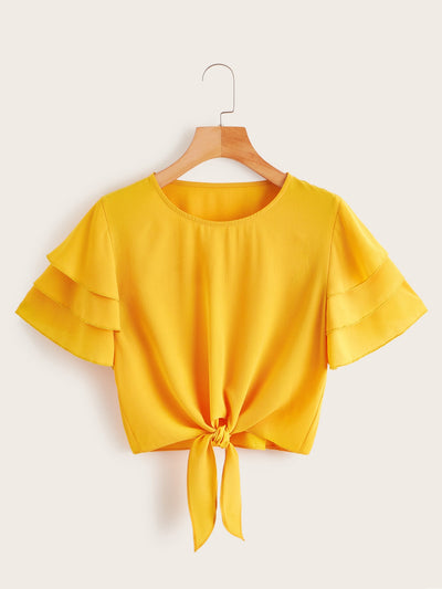 Layered Sleeve Knot Hem Solid Blouse