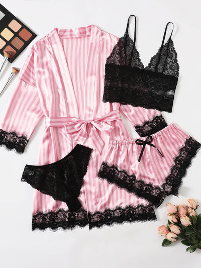 5pack Floral Lace Satin Lingerie Set With Belted Robe