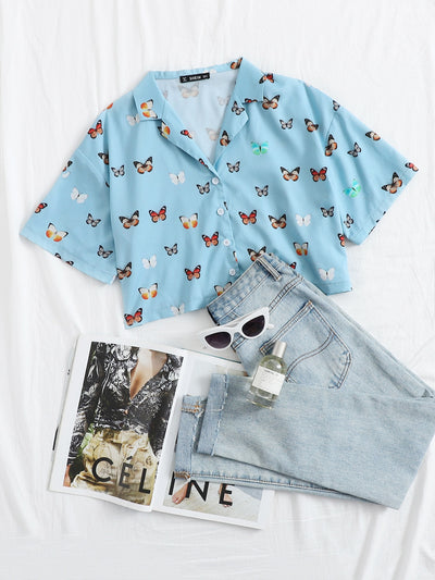 Button Front Butterfly Print Top