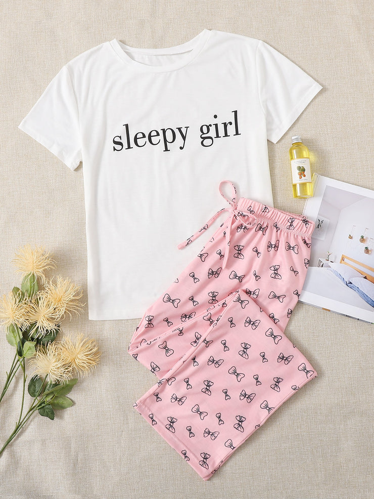 Letter And Bow Print Short Sleeve PJ Set