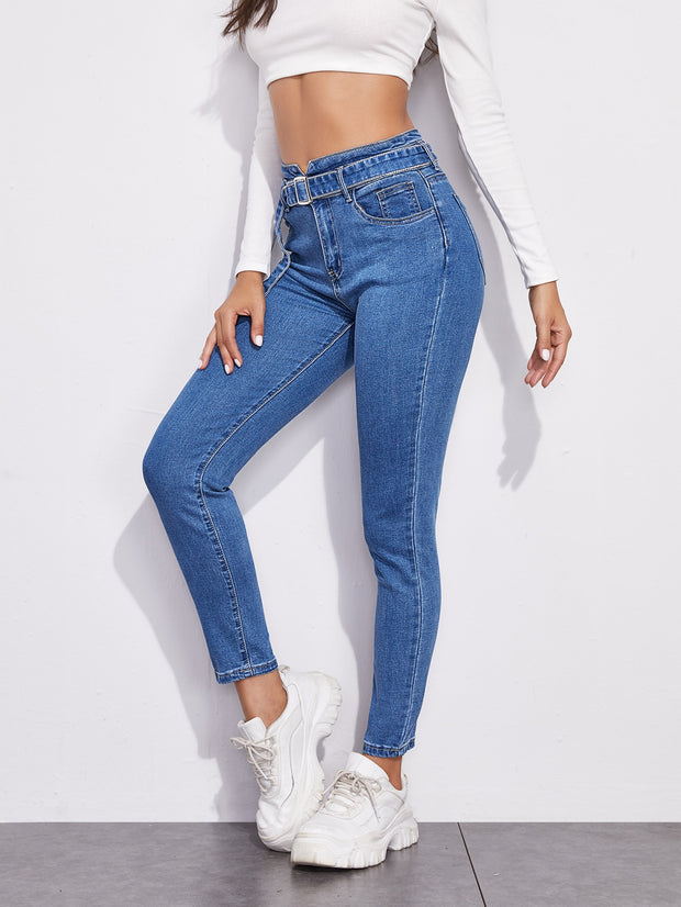 Buckle Belted Skinny Jeans