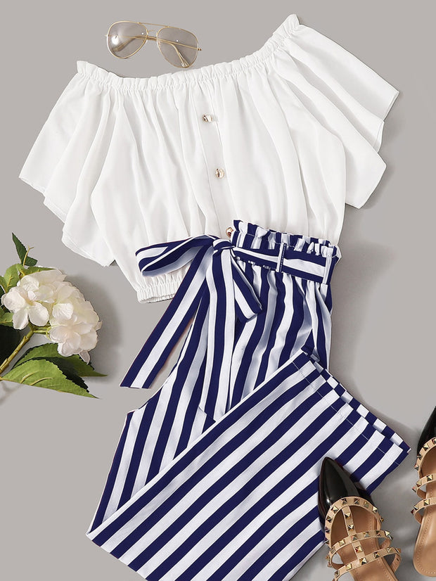 Bardot Crop Top & Striped Paperbag Pants