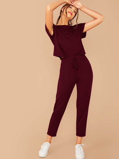 Solid Boxy Tee & Drawstring Ankle-Cut Pants Set