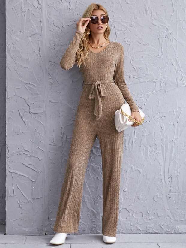 Zip Back Belted Rib-knit Jumpsuit