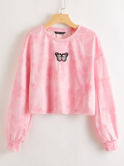 Drop Shoulder Butterfly Embroidered Tie Dye Pullover