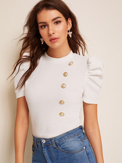 Mock-neck Puff Sleeve Button Front Top