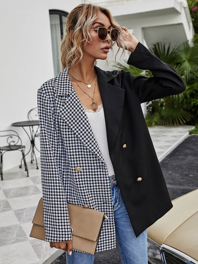 Houndstooth Panel Double Breasted Spliced Blazer