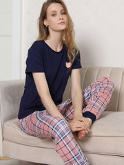Heart Print Tee & Plaid Pants Pajama Set