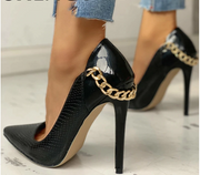 SHY Fashion Leopard Pointed Toe Metal Chain Thin Heels Snakeskin Sexy Party Women Shoes Rome Design Thin Heel Female Dress Shoes