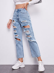 High-Rise Ripped Straight Leg Jeans