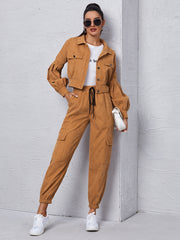 Corduroy Flap Detail Jacket With Tie Front Cargo Pants