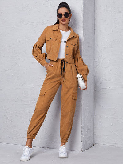 Corduroy Flap Detail Jacket With Tie Front Cargo Pants