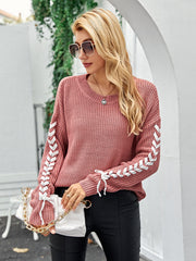 Lace Up Drop Shoulder Ribbed Knit Sweater