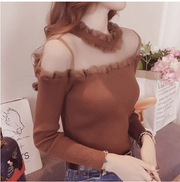 Women's Fashion Long Sleeve Lace Rufflrd Collar Sweater Autumn Ladies Sexy See Through Solid Color Knitted Pullovers Plus Size