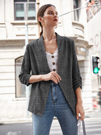 Ruched Detail Sleeve Open Front Tweed Blazer