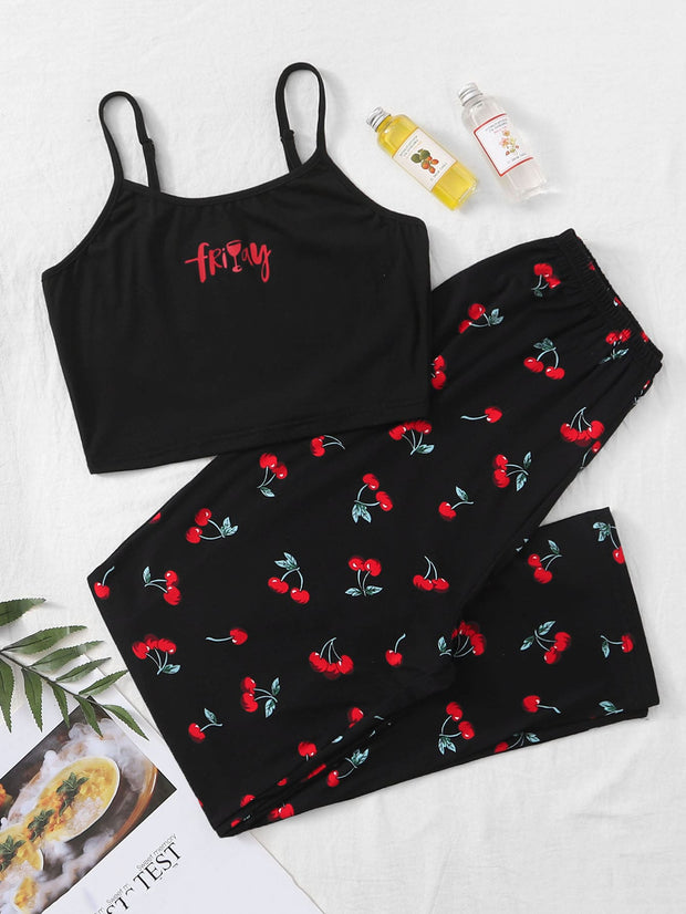 Cherry And Letter Graphic Cami Pajama Set