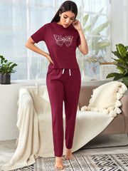 Butterfly Print Tee With Pants Lounge Set