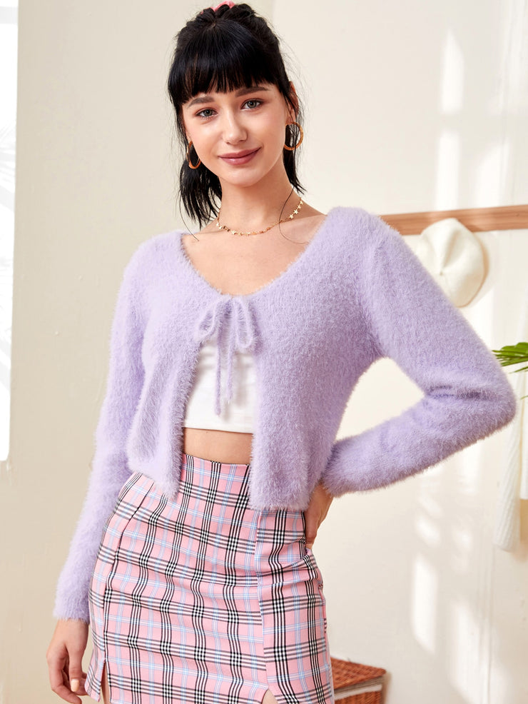 Tie Front Fluffy Knit Cardigan