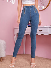 High Waist O-ring Zip Detail Skinny Jeans