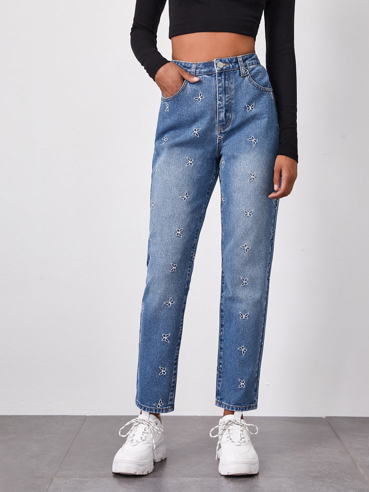 High Waist Butterfly Embroidery Straight Leg Jeans