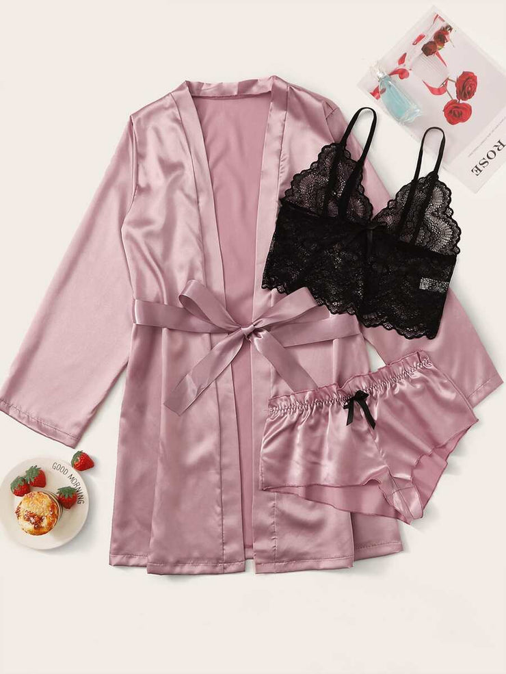 3pack Contrast Lace Lingerie Set With Belted Robe