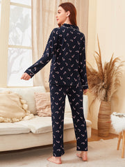 All Over Print Button Front Contrast Binding Lapel Collar PJ Set
