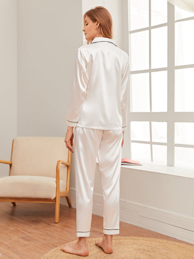 Contrast Binding Pocket Front Pajama Set