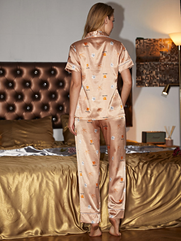 Leaf And Letter Print Satin Pajama Set