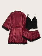 3pack Contrast Lace Satin Lingerie Set & Belted Robe