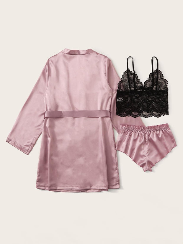 3pack Contrast Lace Lingerie Set With Belted Robe