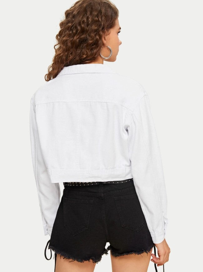 White Wash Button Pocket Front Crop Denim Jacket