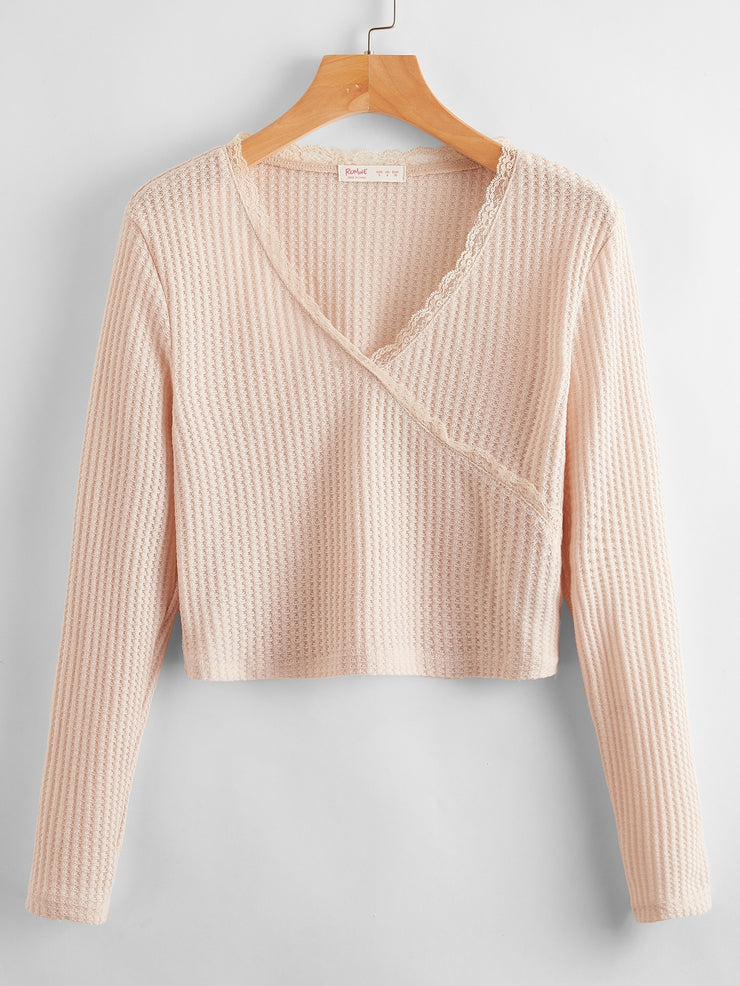 Contrast Lace Wrap Crop Sweater