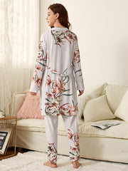 3pcs Floral Print Cami PJ Set & Belted Robe