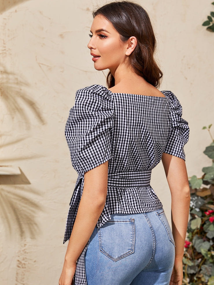 Gingham Print Belted Puff Sleeve Blouse