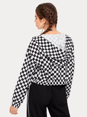 Drop Shoulder Checkered Zip Up Hooded Wind Jacket