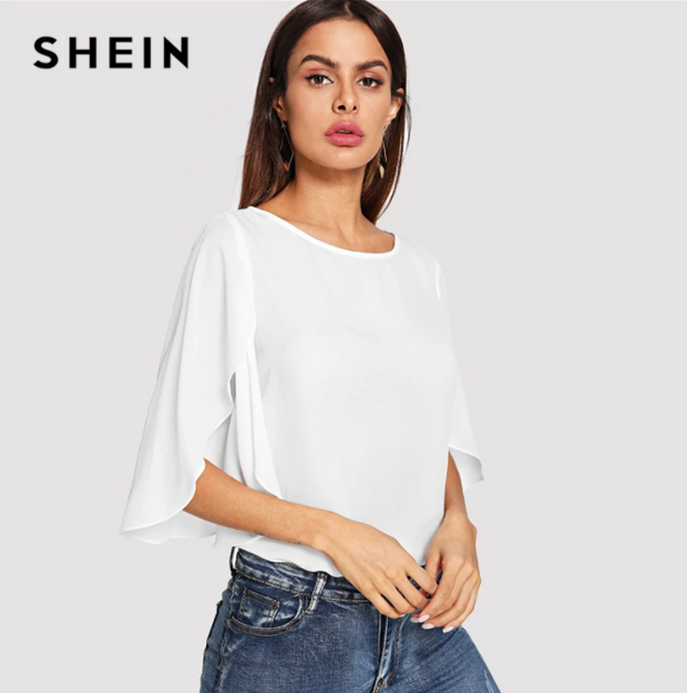 SHEIN Elegant Office Lady Butterfly Sleeve Split Trim O-Neck Solid Blouse 2018 Autumn Modern Lady Women Tops And Blouses
