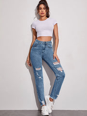 Ripped Raw Hem Washed Jeans