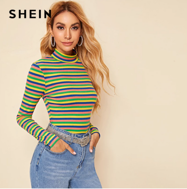 SHEIN Multicolor Stand Collar Striped Ribbed Knit Casual T-Shirt Women Tops 2019 Autumn Long Sleeve Form Fitted Stretchy Tees