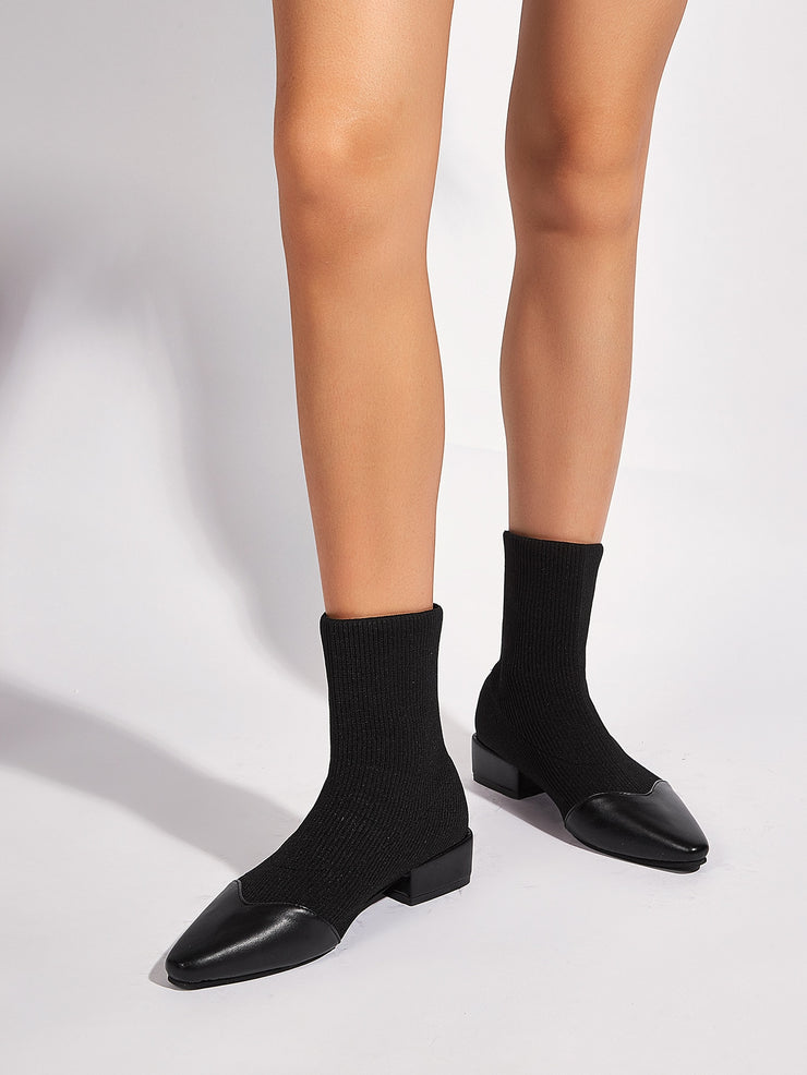 Contrast PU Block Heeled Sock Boots