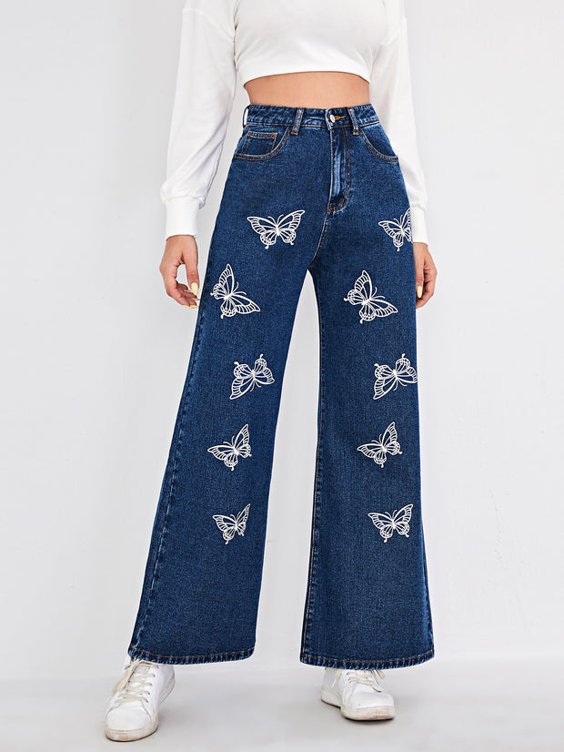 Butterfly Print Wide Leg Jeans