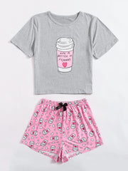 Slogan Graphic Tee With Bow Front Shorts PJ Set