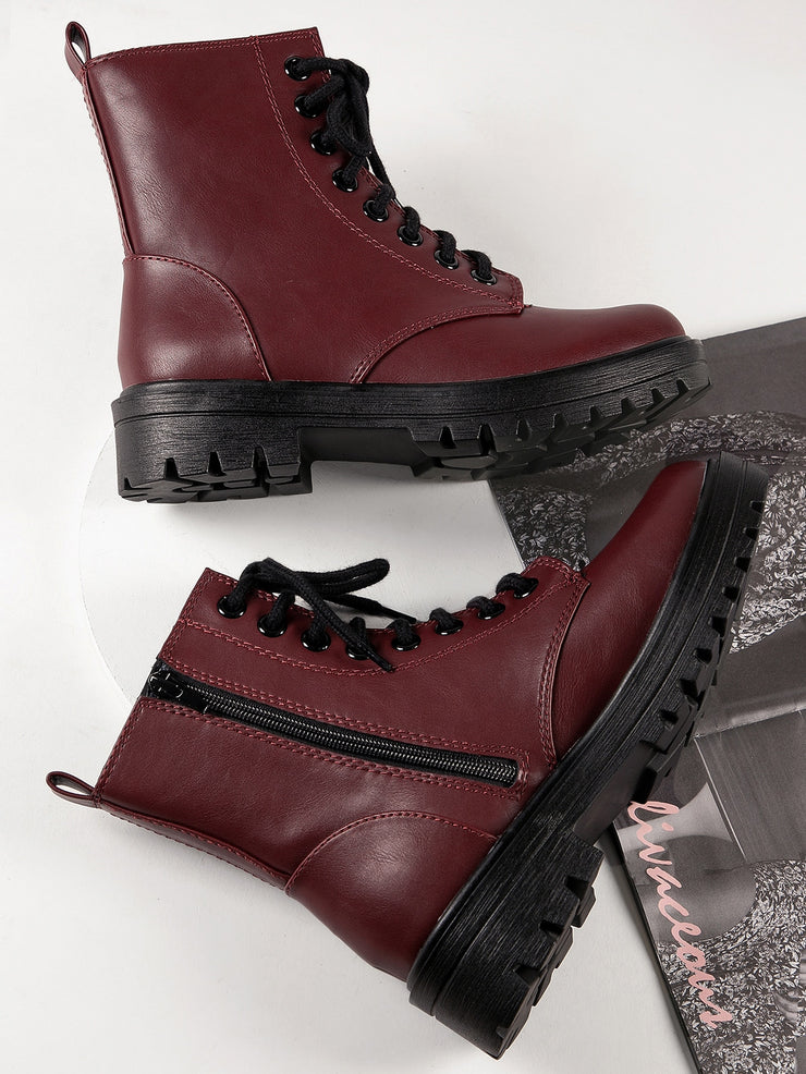 Faux Leather Zip Up Lug Sole Boots