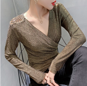 Fall Winter European Clothes T-Shirt Women Fashion Sexy V-Neck Cross Shiny Dimoands Tops Ropa Mujer Bright Gold Tees New T09308L