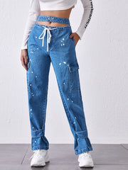 Splash Ink Flap Pocket Side Drawstring Waist Straight Leg Jeans