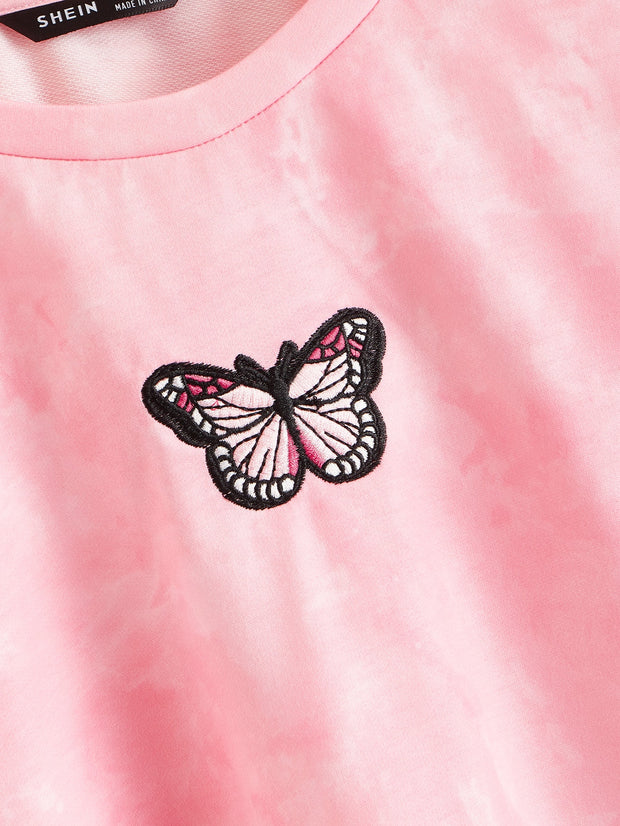 Drop Shoulder Butterfly Embroidered Tie Dye Pullover