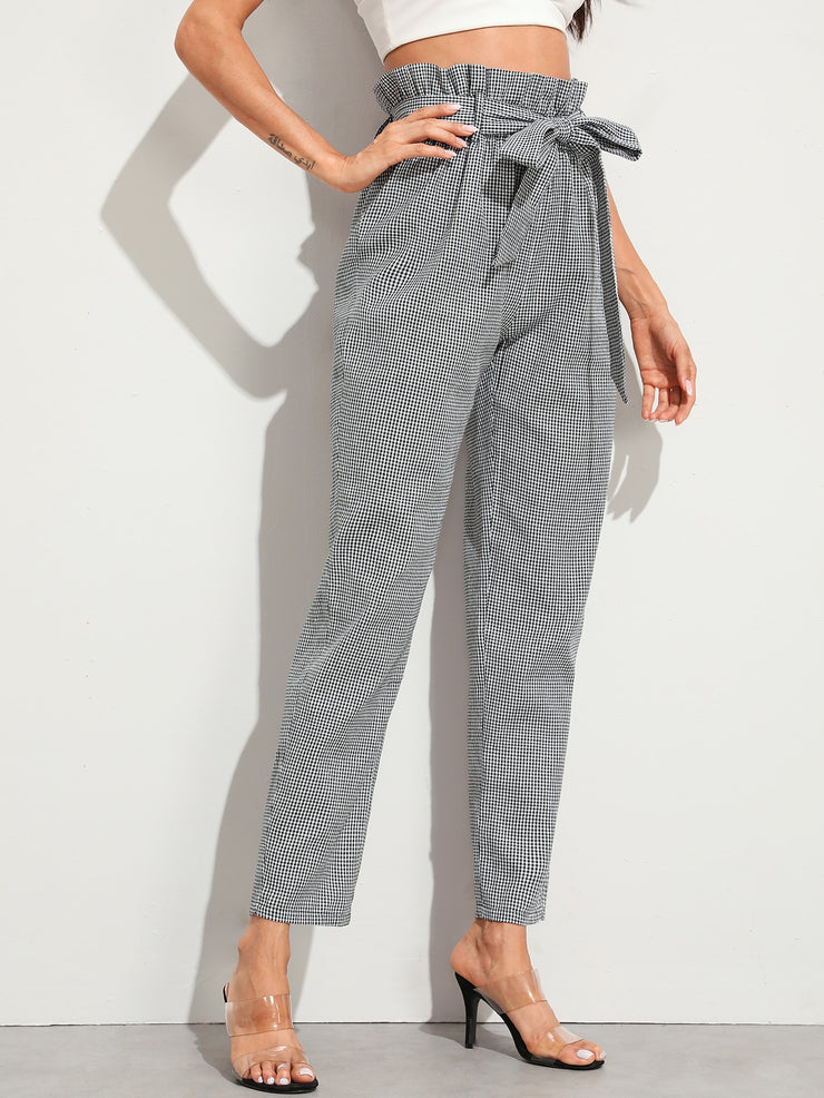 Paperbag Waist Self Belted Tapered Gingham Pants