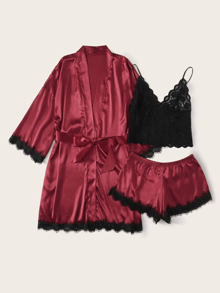 3pack Contrast Lace Satin Lingerie Set & Belted Robe