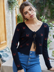 Butterfly Embroidery Tie Front Cardigan